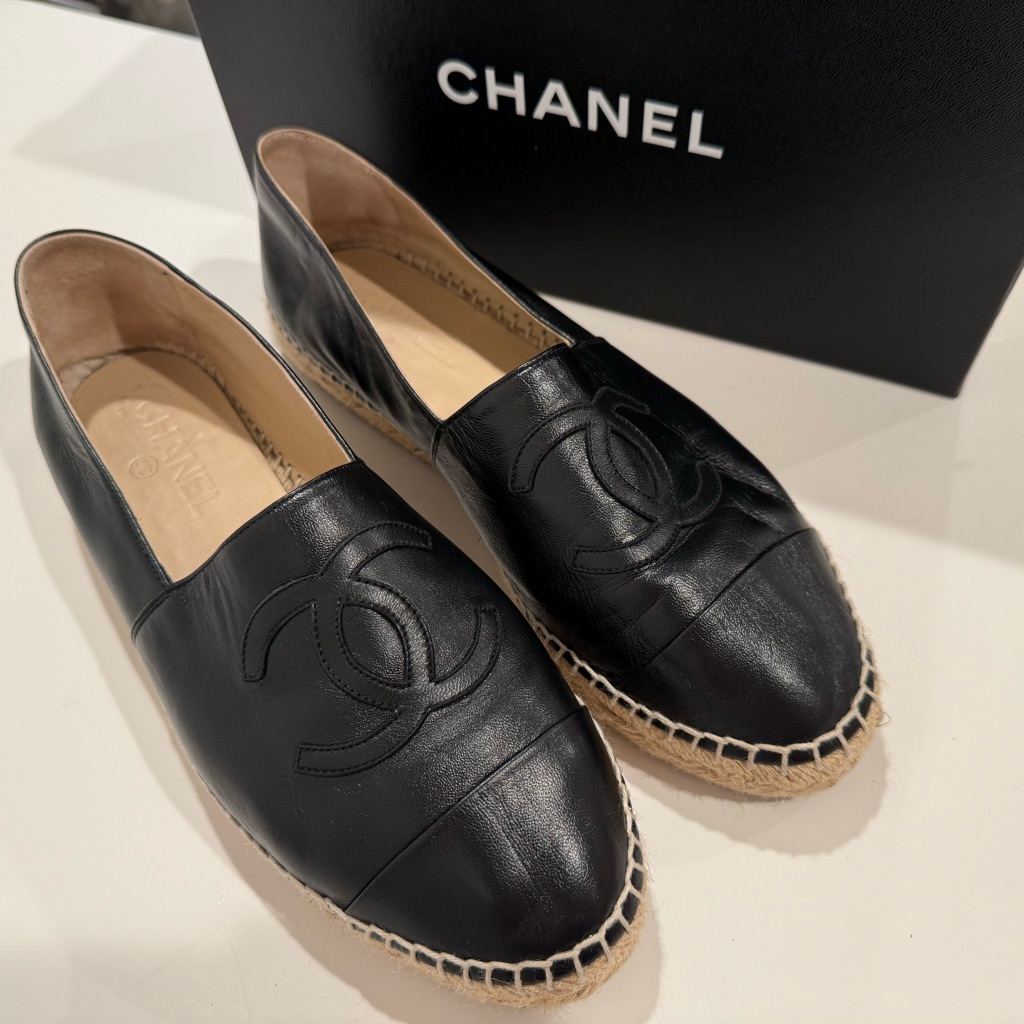 Chanel Black Lamb Skin Leather Espadrilles With Embossed Logo